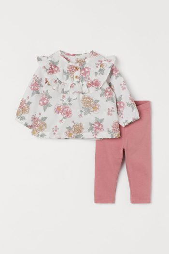 Setelan Anak Perempuan HM 2-piece Cotton Set OLD ROSE/FLORAL