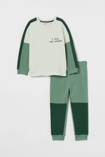 HM Baju Setelan Anak Laki-laki 2-piece Printed Set LIGHT GREEN/BLOCK-PATTERNED