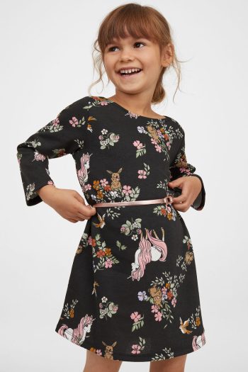 HM Baju Anak Perempuan Belted Sweatshirt Dress DARK GREY/FOREST ANIMALS