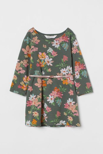 HM Baju Anak Perempuan Belted Sweatshirt Dress HIJAU KELABU TUA/MOTIF BUNGA