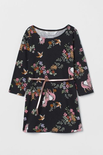 HM Baju Anak Perempuan Belted Sweatshirt Dress DARK GREY/FOREST ANIMALS