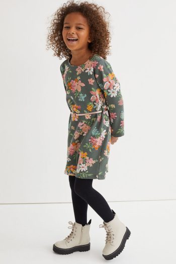 HM Baju Anak Perempuan Belted Sweatshirt Dress HIJAU KELABU TUA/MOTIF BUNGA