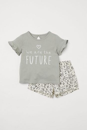 Setelan Anak Perempuan HM 2-piece Cotton Set DUSKY GREEN/FUTURE