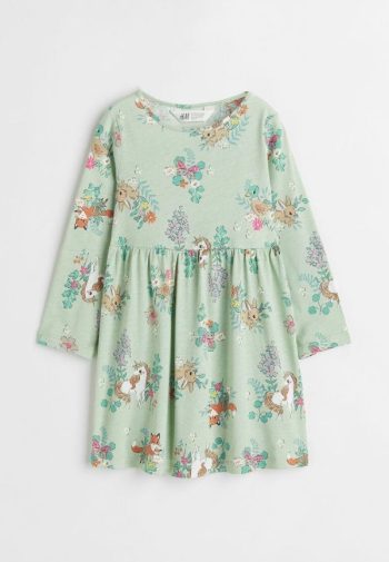 HM Cotton Jersey Light Green Forest Animal Dress Anak Perempuan