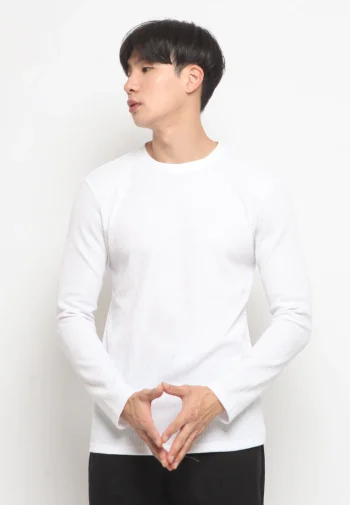 Kaos Lengan Panjang Pria Polos Long Sleeve Waffle T-shirt White