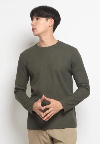 Kaos Lengan Panjang Pria Polos Long Sleeve Waffle T-shirt Olive