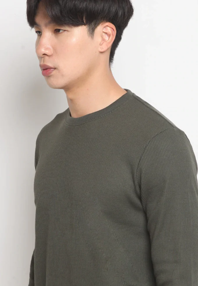Kaos Lengan Panjang Pria Polos Long Sleeve Waffle T-shirt Olive