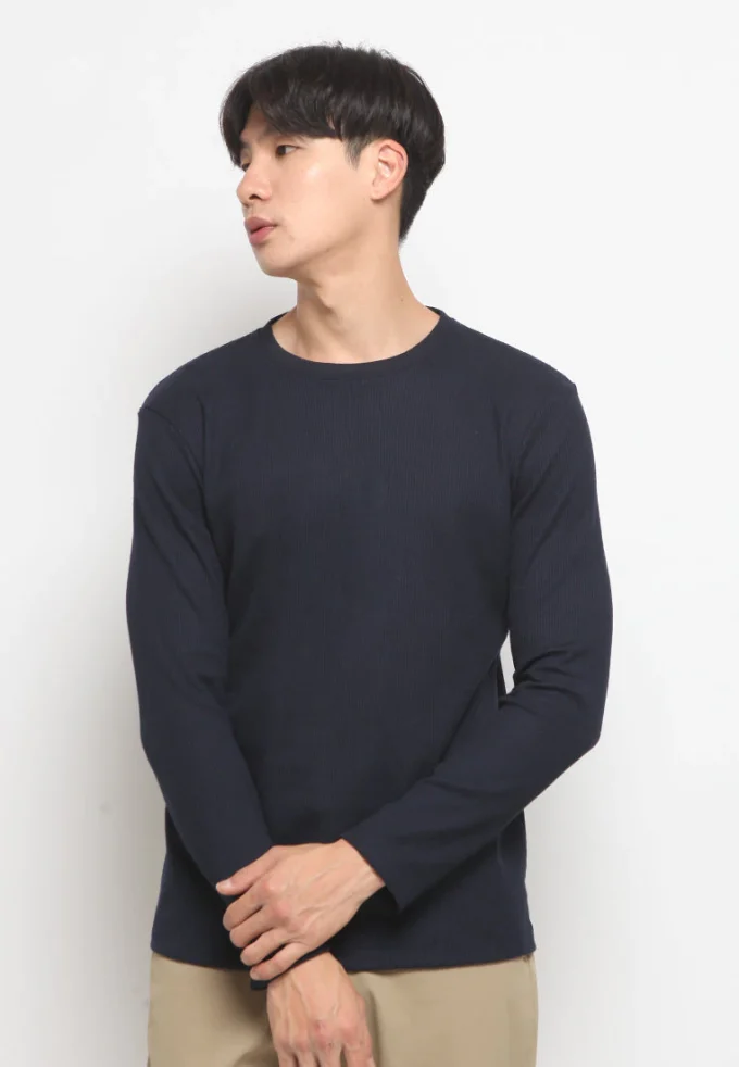 Kaos Lengan Panjang Pria Polos Long Sleeve Waffle T-shirt Navy