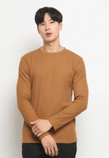 Kaos Lengan Panjang Pria Polos Long Sleeve Waffle T-shirt Ochre