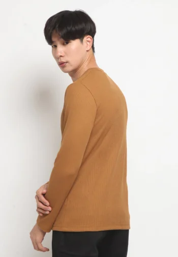 Kaos Lengan Panjang Pria Polos Long Sleeve Waffle T-shirt Ochre